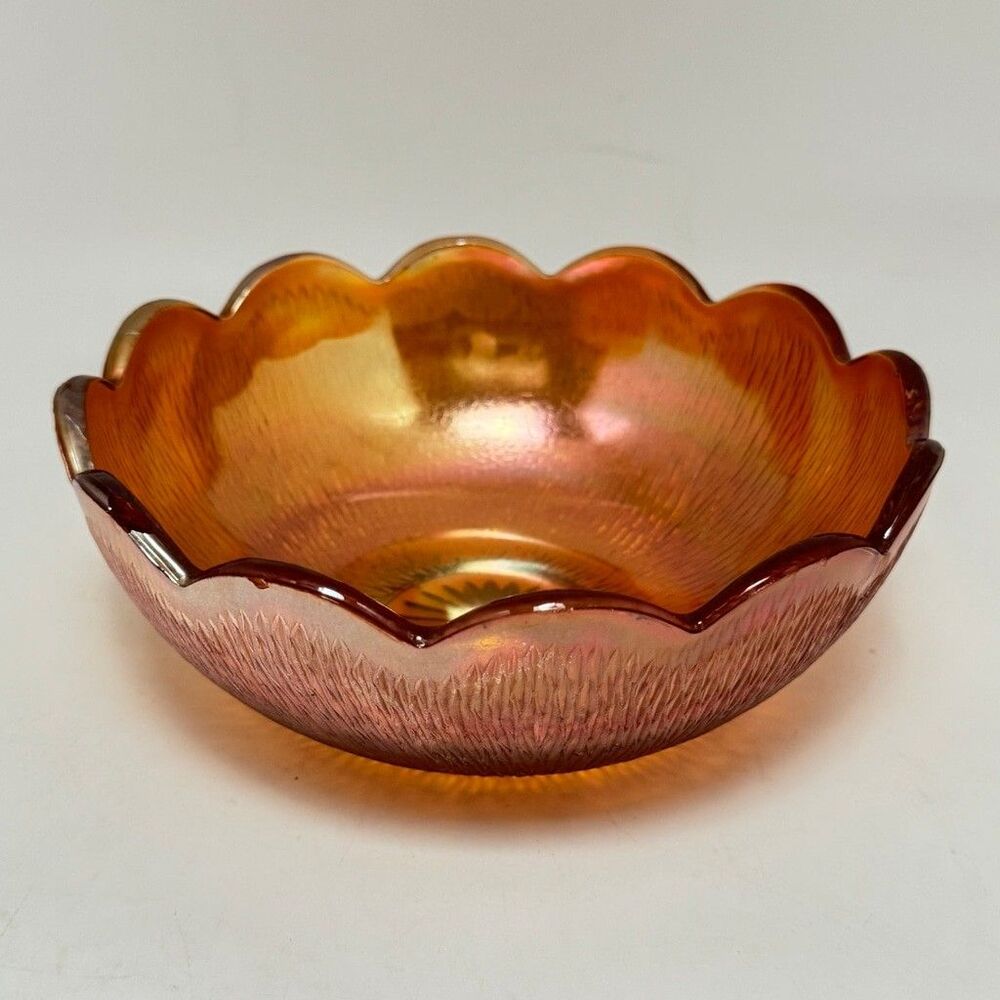 Vintage Jeanette Iridescent Orange Marigold Carnival Glass Scalloped Bowl